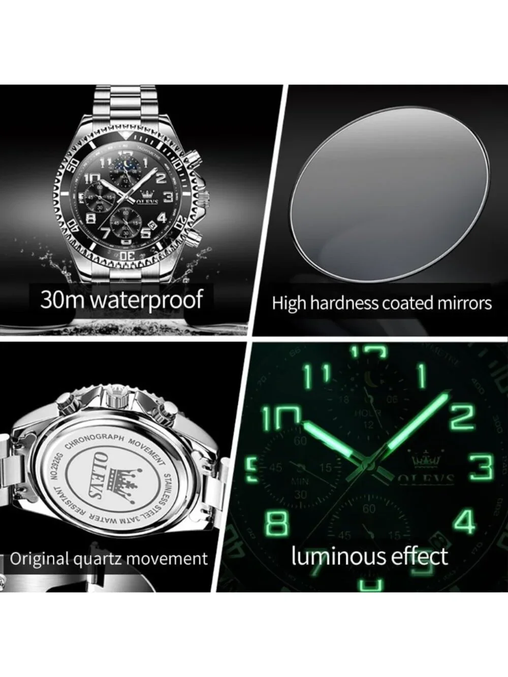 Men's Silver And Black Stainless Steel Chronograph Analog Quartz Luxury Watch